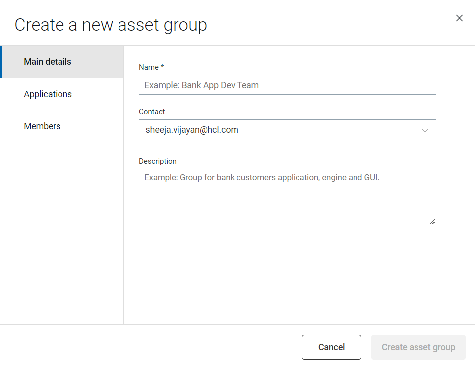 Image showing the create a new asset group dialog box