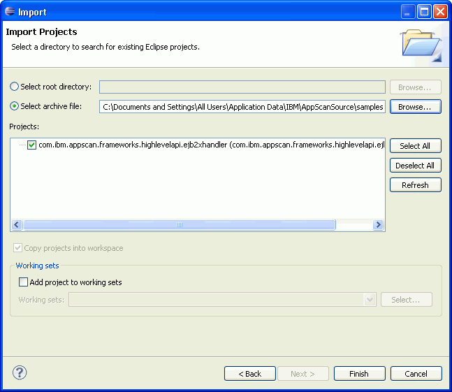 Import wizard Import Projects page with an archive file specified