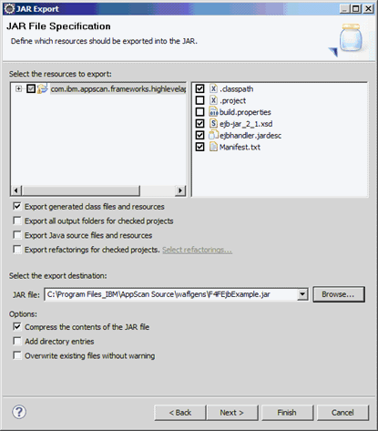 「JAR ファイル」フィールドを使用して選択したエクスポートの宛先を示す、JAR エクスポート・ウィザードの「JAR ファイル仕様 (JAR File Specification)」ページ