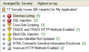 sample Result list showing the four types of issue