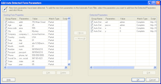 Add Auto Detected Form Parameters dialog