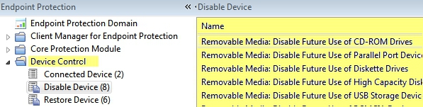 Available tasks to disable devices
