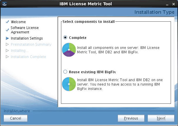 License Metric Tool installation wizard, selecting complete installation
