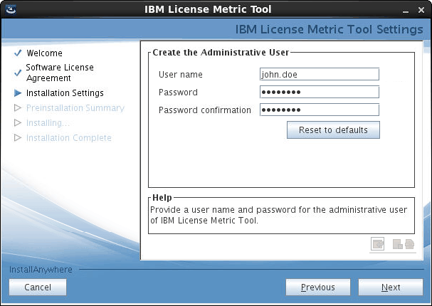 License Metric Tool installation wizard, creating administrative user