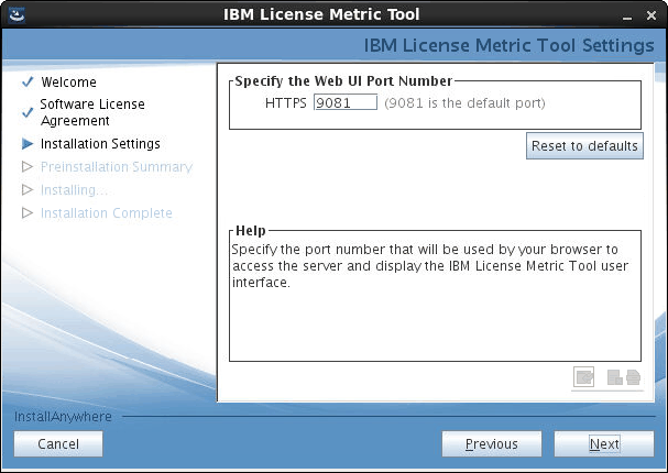 License Metric Tool installation wizard, port number