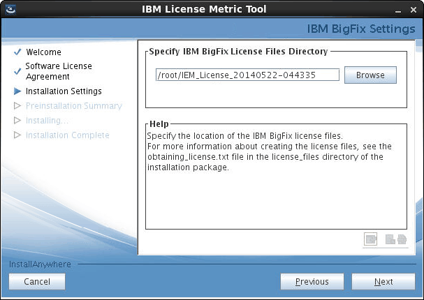 License Metric Tool installation wizard, specifying the license files