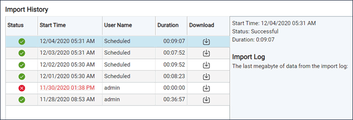 Image shows the Import History section for standard import of data