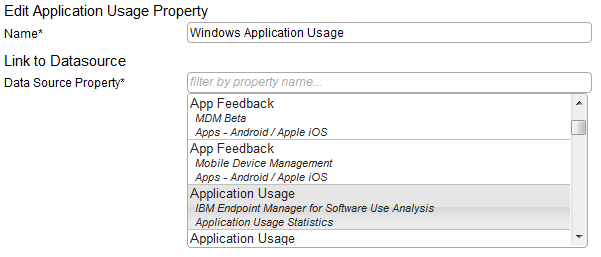 Application Usage properties shown in the user interface
