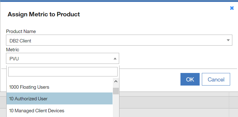 The screen shows the Assign metric to product window.