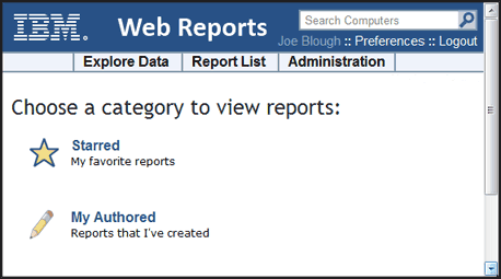 このウィンドウには、「Web レポート」パネルが表示されています。パネルの上部には、3 つのリンクが表示されています。「データの検索」リンク、「レポート一覧」リンク、「管理」リンクという 3 つのリンクが表示されています。パネルの中央には、「星印付き」リンクと「自分で作成」リンクで示された 2 つのレポート・カテゴリーが表示されています。