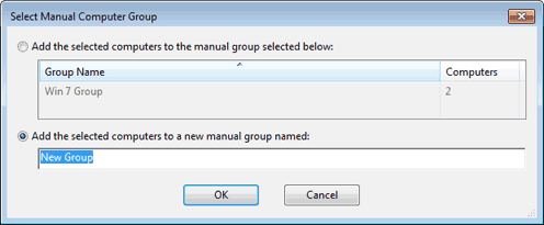 このウィンドウには、「マニュアル・コンピューター・グループの選択」ダイアログが表示されています。このダイアログで、選択したコンピューターを既存のグループに追加するか、新しいグループを作成するかを指定することができます。