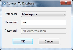 このウィンドウには、「データベースへの接続」ダイアログが表示されています。このダイアログで、管理するデータベースを選択したり、ユーザー名とパスワードを入力したりできます。