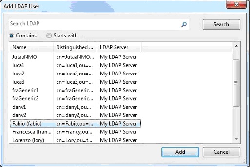 このウィンドウには、コンソールから LDAP ユーザーを追加するための「LDAP ユーザーの追加」ダイアログが表示されています。