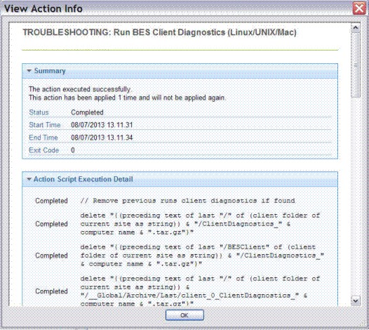 このウィンドウには、「アクション情報の表示」ダイアログが表示されています。このダイアログには、指定されたコンピューターに対する特定のアクションに関する情報が表示されています。