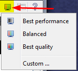 A menu that lists performance options is displayed. Select Best performance, balanced, best quality or custom.