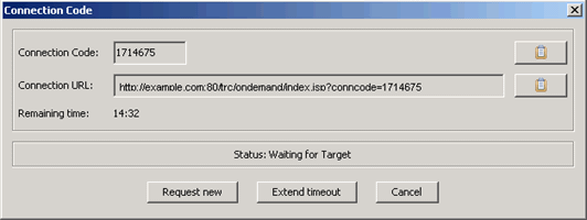 Connection code window that displays the connection code and connection URL.