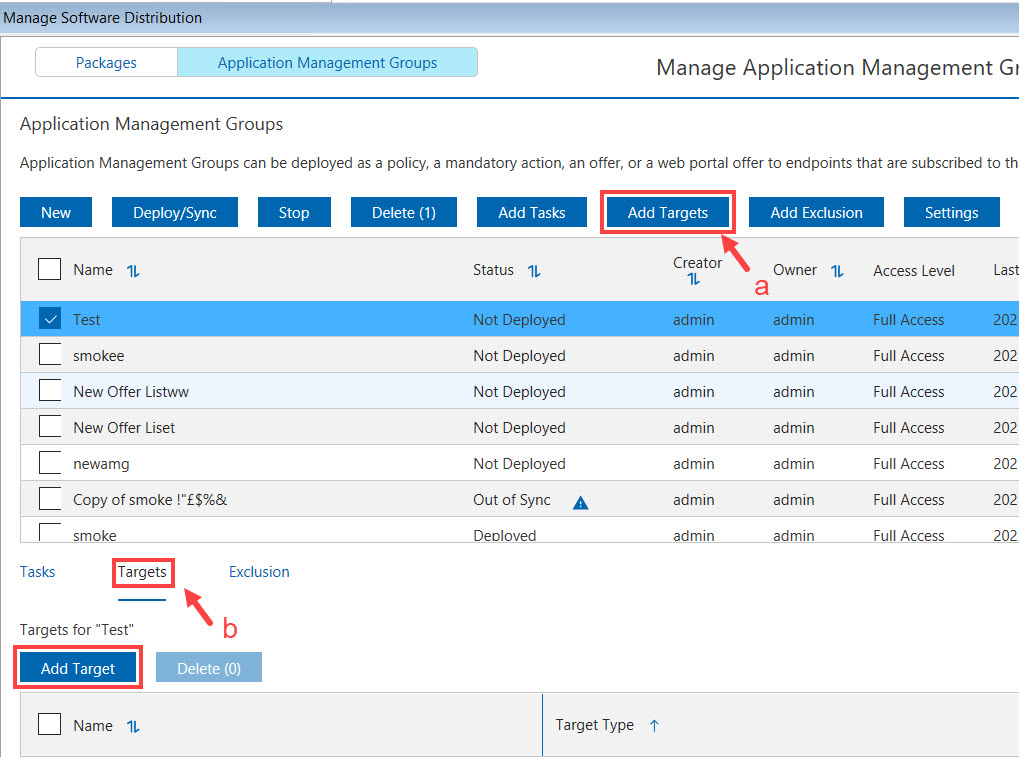 Adding targets from the Manage Application Management Groups dashboard