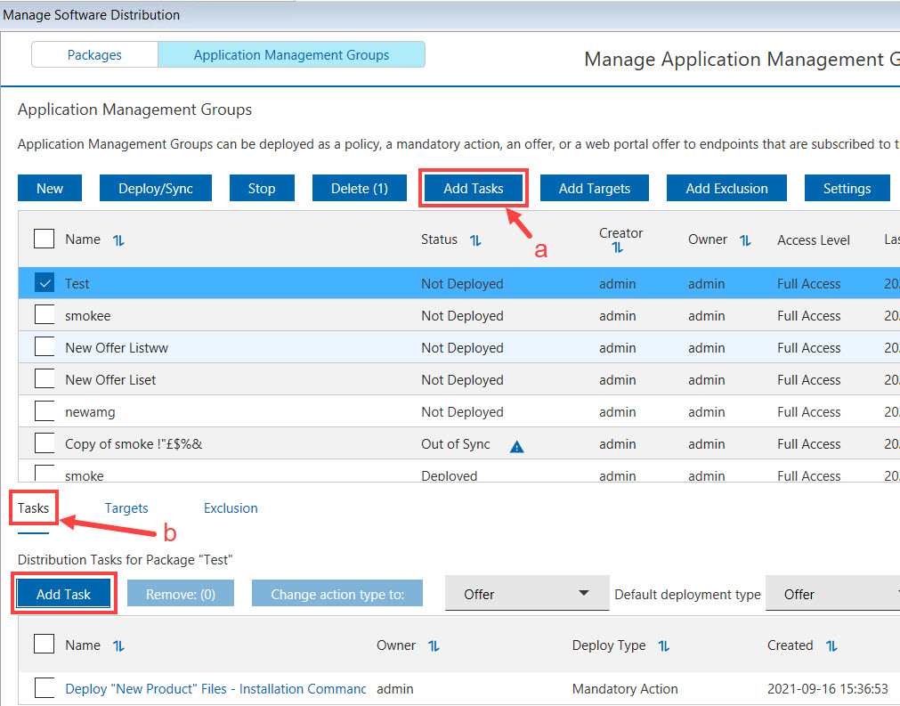 Adding tasks from the Manage Application Management Groups dashboard