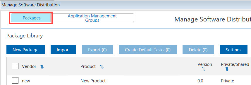 Manage Software Distribution Packages dashboard