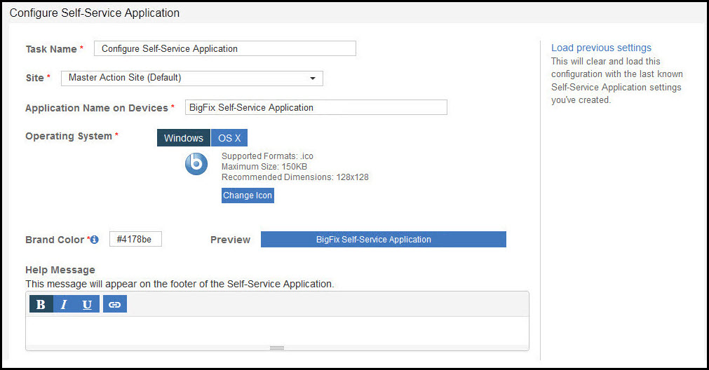 Image of the top portion of the Configure Self-Service Application page.