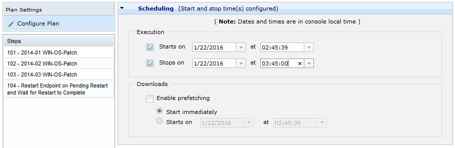 This graphic shows a screenshot of the Scheduling section of the Take Automation Plan Action screen. Start and stop times are configured for the plan.