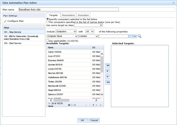 This graphics shows an example of the Take Automation Plan Action screen.