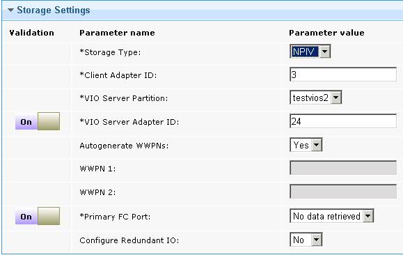 Storage Settings section with NPIV selected.