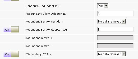 Storage Settings section with NPIV selected and Configure Redundant IO set to yes.