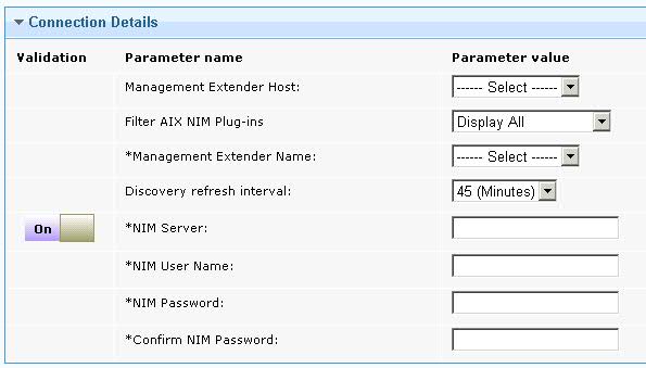 An image of the Connection Details settings of the Configure a Management Extender for AIX NIM task.