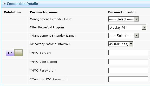 An image of the Connections Details section of the Configure a management extender for PowerVM task.