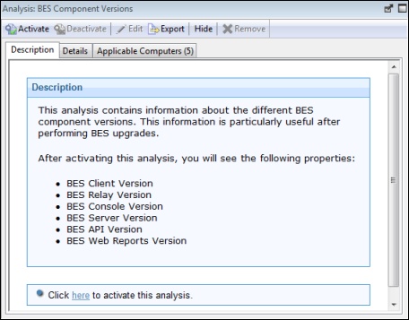 This window displays the Description tab under which an English-language description of the selected Fixlet, Task, Analysis, or Baseline is displayed.