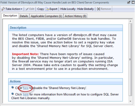 This window displays the Description tab where a Description and a set of links to deploy Actions is also displayed.