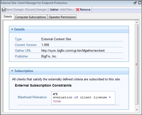 This window displays the Site Properties dialog which shows information about the selected Fixlet site, including the name of the Site publisher and the URL from which the content is gathered.
