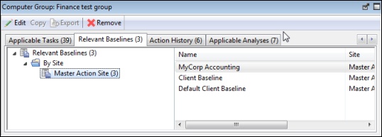 This window displays the Relevant Baselines tab where the baselines that have been deployed on the specified computer group are listed.
