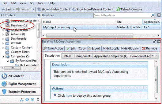 This window displays the Baseline dialog where you can group Fixlet messages and Tasks into a group. The body of the Baseline is shown at the bottom of the window.