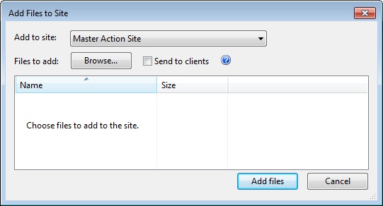 This window displays the Add Files to Site dialog where you add files to any site that you can author.