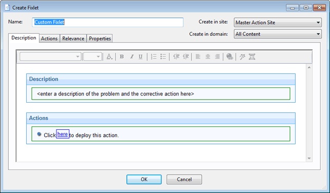 This window displays the Create Fixlet and Create Task dialog where several tabs are available across the top of the panel. The Description tab is highlighted and a space is provided where you can enter your descriptive text in the box displayed.