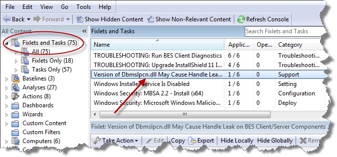 This window displays the Fixlets and Tasks dialog where a list of Fixlets and Tasks is displayed from the Domain navigation tree.