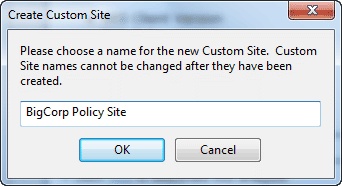 This window displays the Create Custom Site dialog where you enter the name of your Custom Site in the text box provided.