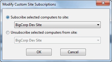 This window displays the Modify Custom Site Subscriptions dialog where you can select to subscribe or unsubscribe any specified group of computers to any of your ad-hoc enabled custom sites.