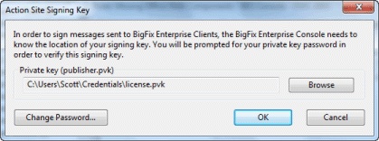 This window displays the Action Site Signing Key dialog where you can manage the location of your private key (.pvk), or to change the password for your Action signing key.