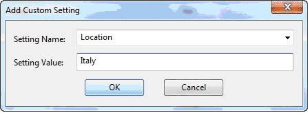 This window displays the Add Custom Setting dialog box where you can create the Setting Name and the Setting Value.