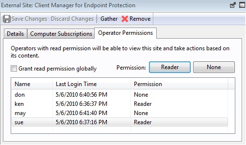 This window displays the Operator Permissions tab of the Site document which lets Master Operators specify site permissions for other operators.