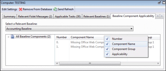This window displays the Component Applicability tab. The Baseline document displays a list of how many computers have been targeted by the specific component.