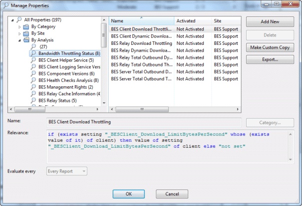 This window displays the manage properties dialog where a list of computer properties that are retrieved on a regular schedule from each BigFix Client are listed.