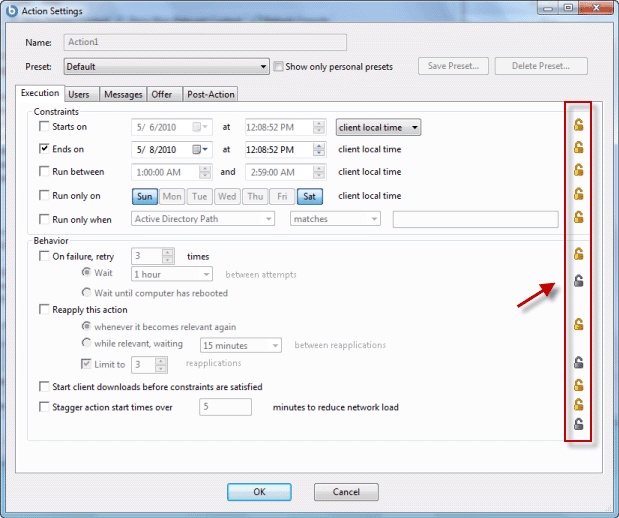 This window displays the Action Settings dialog where you apply lockable Action Settings to a new or customized Fixlet message, Task, or Baseline.