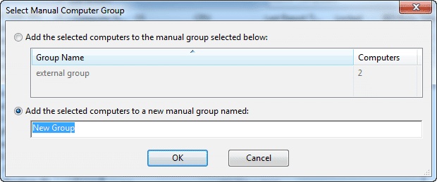 This window displays the Select Manual Computer Group dialog which gives you the option to manually group your computers to target them simultaneously.