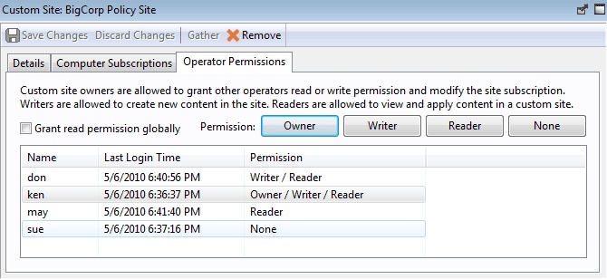 This window displays the Operator Permissions tab where you can select an operator from the list and click buttons to grant permission. The four buttons displayed are Owner, Writer, Reader and None.