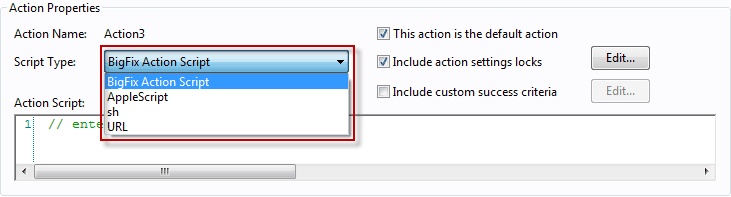 This window displays the Actions Properties where for each Action, you can edit the type, certain settings, and the script itself.