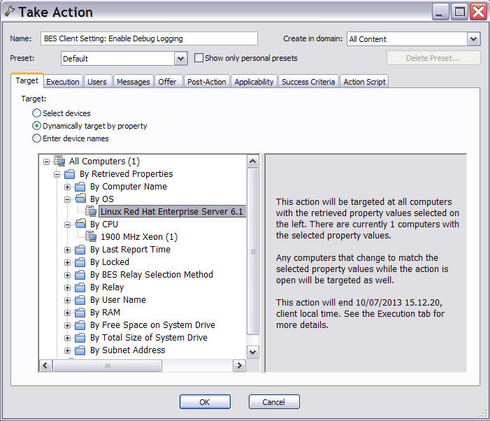 This window displays the Target tab of options where Dynamically targeted by properties option is highlighted.